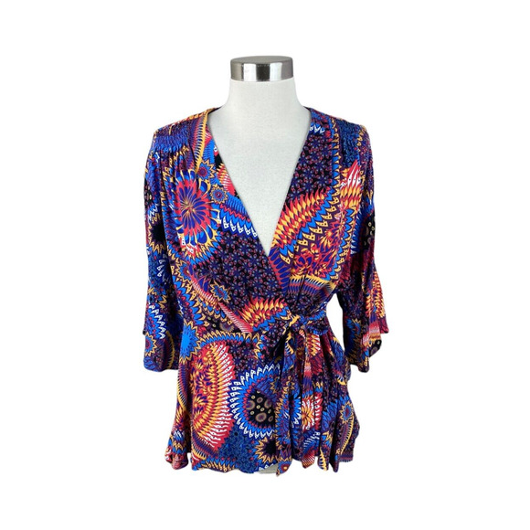 Maeve by Anthropologie XS Orange Blue Red Elly Print Wrap Kimono Sleeve Blouse - Picture 1 of 4